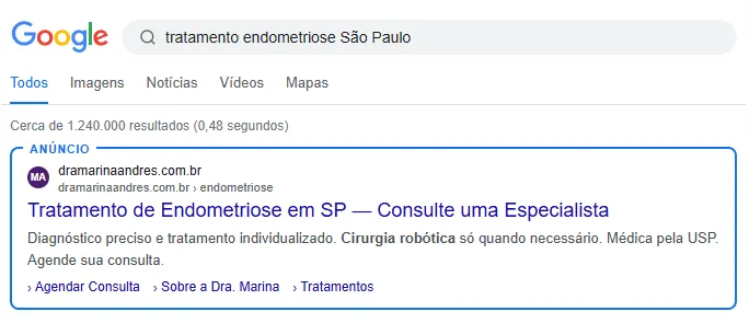 Anúncio do consultório no topo da busca do Google